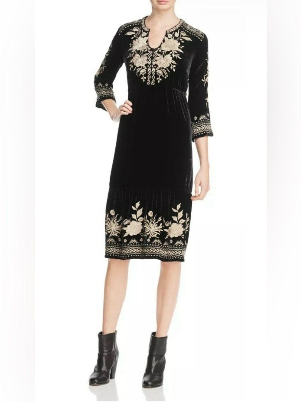 Johnny Was Magdalene Velvet Prairie Dress Black/Gold Size Small